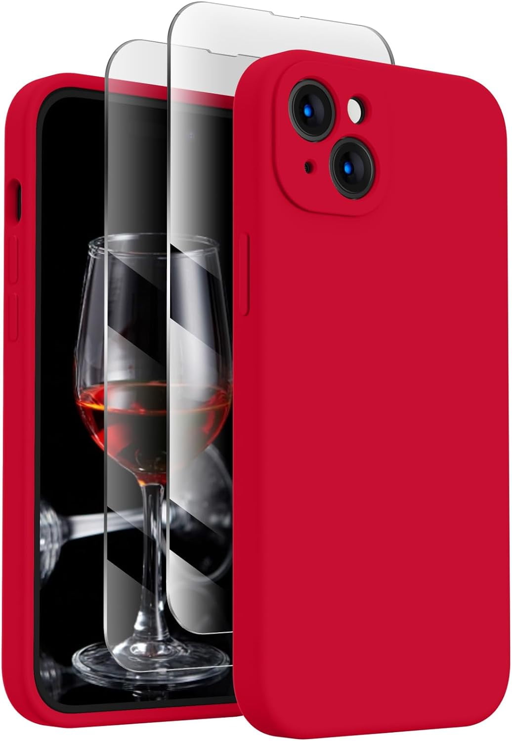 for iPhone 15 Plus Case, Silicone Upgraded [Camera Protection] Case with [2 Screen Protectors], Soft Anti-Scratch Microfiber Lining Inside, 6.7 inch, Deep Red