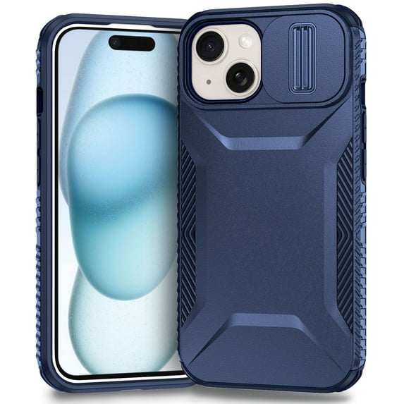 for iPhone 15 Plus Case with Sliding Camera Lens Cover, Shockproof Rugged Hard PC Back & TPU Edge Military Grade Dual-Layers Protection Non-Slip Phone Case for iPhone 15 Plus, Blue
