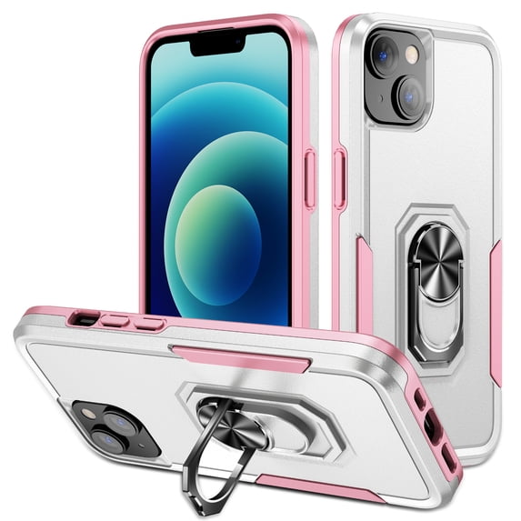 for iPhone 15 Plus Case, Slim Fit Military Grade Drop Tested Dual Layer Shockproof Case with 360 Ring Holder Kickstand Protective Rugged Car Magnetic Non-Slip Phone Case,White+Pink