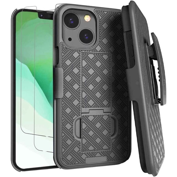 for iPhone 15 Plus Case with Tempered Glass Screen Protector(2pcs)Belt Clip Holster Rugged Combo Armor Shell Kickstand Swivel Shockproof Cover For iPhone 15 Plus 6.7"(Black)