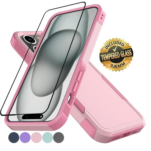 iPhone 15 Plus Case with Tempered Glass Screen Protector, Tekcoo Heavy Duty Rugged Shockproof Full Body Protective 2-IN-1 Phone Case Cover for iPhone 15 Plus, Pink