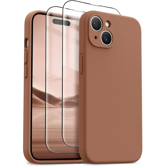 for iPhone 15 Plus Case, Upgraded Silicone Shockproof [2 Pack Screen Protectors] [Compatible with Magsafe] [Camera Protection], Anti-Scratch Microfiber Lining, 6.7 inch, Caramel