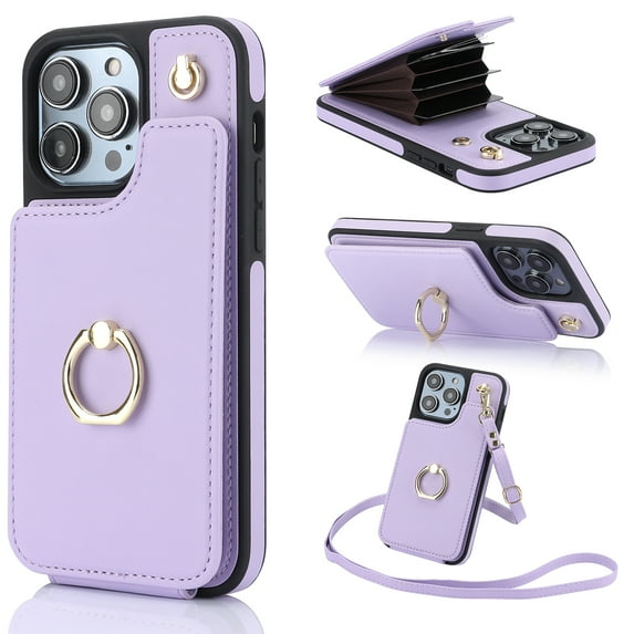 for iPhone 15 Plus Case Wallet with Card Holder for Women Girls, Crossbody Case with Lanyard Strap, Protective PU Leather Purse Case with Ring Holder Stand for iPhone 15 Plus - Lightpurple