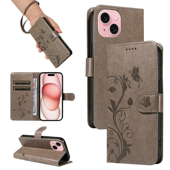 iPhone 15 Plus Case Wallet with Cards Holder,Allytech Stylish Butterfly Embossed Shockproof Protective Flip Stand Cover for Girls Women Hand Wrist Wallet Case for Apple iPhone 15 Plus - Gray