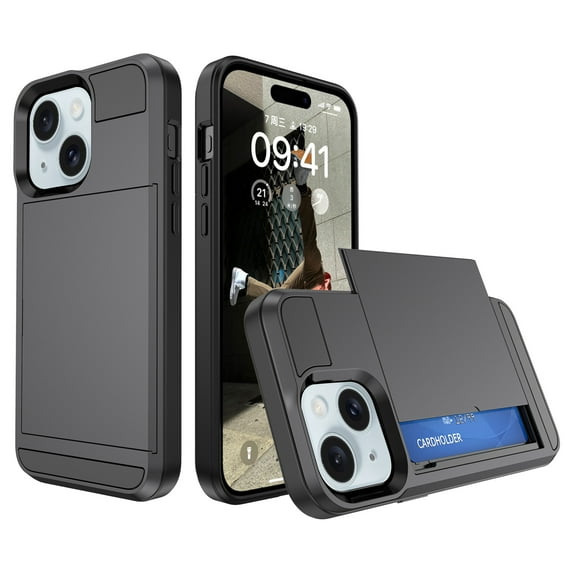 for iPhone 15 Plus Case Wallet Credit Card Holder ID Slot Sliding Door Hidden Pocket Men Anti-Scratch Dual Layer Hybrid Bumper Armor Protective Shell Back Cover For iPhone 15 Plus, Gray