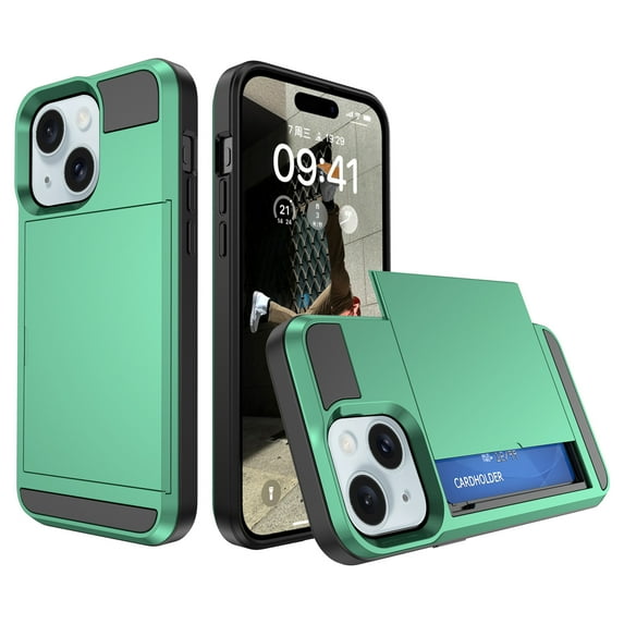for iPhone 15 Plus Case Wallet Credit Card Holder ID Slot Sliding Door Hidden Pocket Men Anti-Scratch Dual Layer Hybrid Bumper Armor Protective Shell Back Cover For iPhone 15 Plus, Mint
