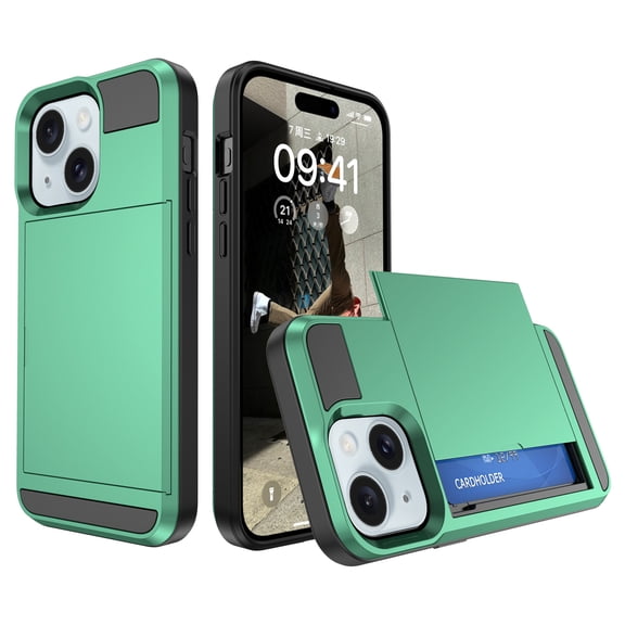 for iPhone 15 Plus Case Wallet Credit Card Holder ID Slot Sliding Door Hidden Pocket Men Women Anti-Scratch Dual Layer Hybrid Bumper Armor Protective Shell Back Cover,Mint