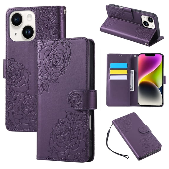 for iPhone 15 Plus Case Wallet with Floral Embossed Design, Premium PU Leather + TPU, Card Slots Kickstand Magnetic Clasp Wrist Strap Shockproof Full Body Cover for iPhone 15 Plus, Darkpurple