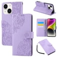thumbnail image 1 of for iPhone 15 Plus Case Wallet with Floral Embossed Design, Premium PU Leather + TPU, Card Slots Kickstand Magnetic Clasp Wrist Strap Shockproof Full Body Cover for iPhone 15 Plus, Purple, 1 of 11