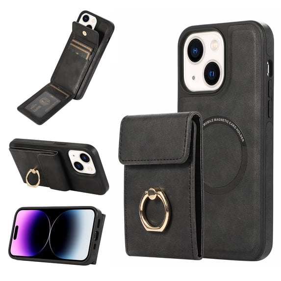 for iPhone 15 Plus Case Wallet, with PU Leather Detachable Card Holder Compatible with Magsafe, Durable Protection Magnetic Phone Case with Ring Kickstand for iPhone 15 Plus, Black