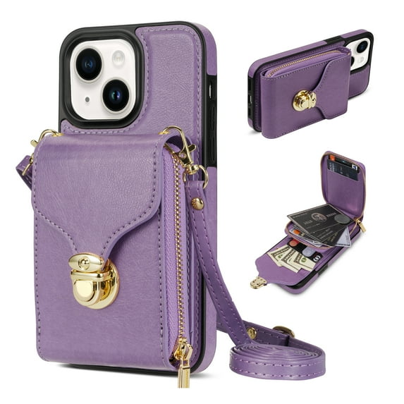 for iPhone 15 Plus Case Wallet with Shoulder Strap for Women - Crossbody Lanyard,Zipper Pocket,Credit Card Holder,Shockproof - Metal Buckle Closure Premium PU Leather Case for iPhone 15 Plus, Purple