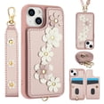 thumbnail image 1 of for iPhone 15 Plus Case Wallet,Women Flip Kickstand Folio Cover RFID Blocking Credit Card Slots Flower Patterned PU Leather Crossbody & Wrist Strap Purse For iPhone 15 Plus,Rosegold, 1 of 9