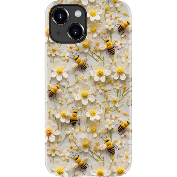 for iPhone 15 Plus Case - Wireless Charging Compatible - Dual-Layer Hard Shell + Silicone Cover - Shockproof Protective Phone Case with Stylish Designs for Women - Bees and Daisies