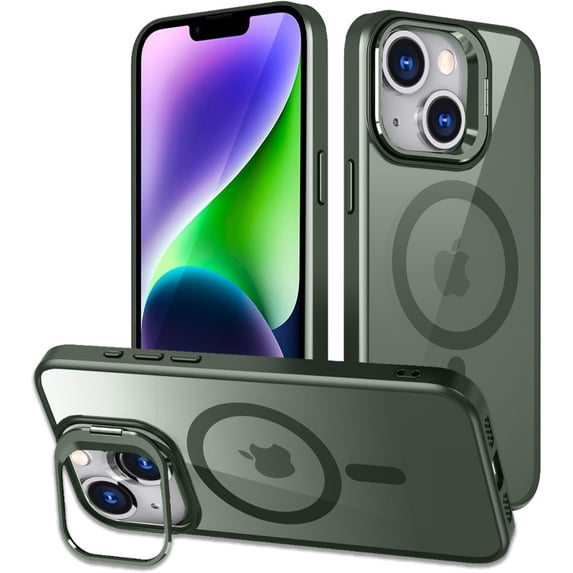 for iPhone 15 Plus Case & iPhone 14 Plus Case, Compatible with MagSafe, Built-in Stash Camera Stand, Military-Grade Protection, Translucent Matte Back Slim Shockproof Phone Cover, Green