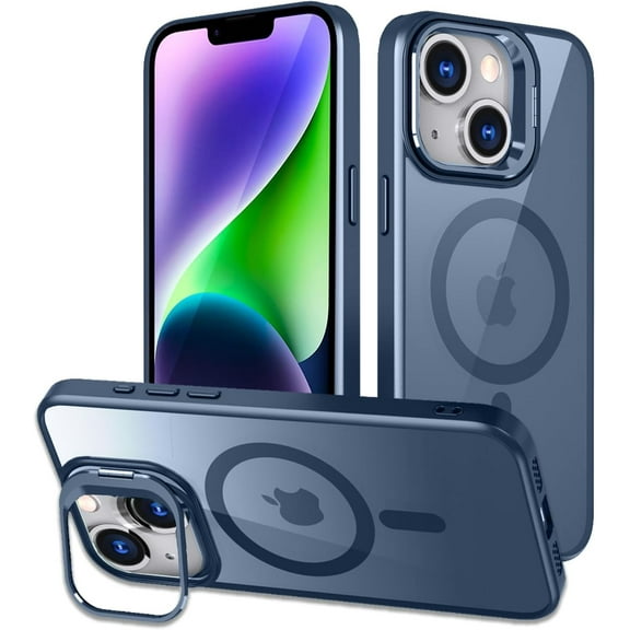 for iPhone 15 Plus Case & iPhone 14 Plus Case, Compatible with MagSafe, Built-in Stash Camera Stand, Military-Grade Protection, Translucent Matte Back Slim Shockproof Phone Cover, Blue