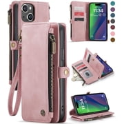 for iPhone 15 Plus Case, for iPhone 15 Plus Case Wallet for Women Men, Durable PU Leather Magnetic Flip Strap Zipper Card Holder Wallet Phone Cases for iPhone 15 Plus [6.7"], Rose Pink