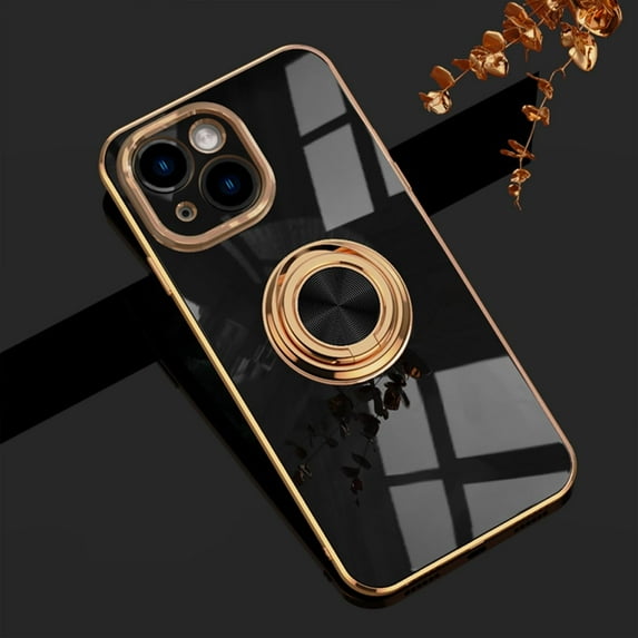 for iPhone 15 Plus Case, iPhone 15 Plus Phone Case with 360° Ring Stand Kickstand Slim Thin Fit Flexible TPU Golden Bumper Shockproof Non-Slip Women Men Protective Cover, 6.7"- Black