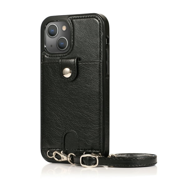 for iPhone 15 Plus Crossbody PU Leather Case, with Card Slot Holders Wallet Protective Case Adjustable Shoulder Strap Drop Protection Compatible with Apple iPhone 15 Plus, Black