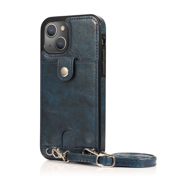 for iPhone 15 Plus Crossbody PU Leather Case, with Card Slot Holders Wallet Protective Case Adjustable Shoulder Strap Drop Protection Compatible with Apple iPhone 15 Plus, Blue