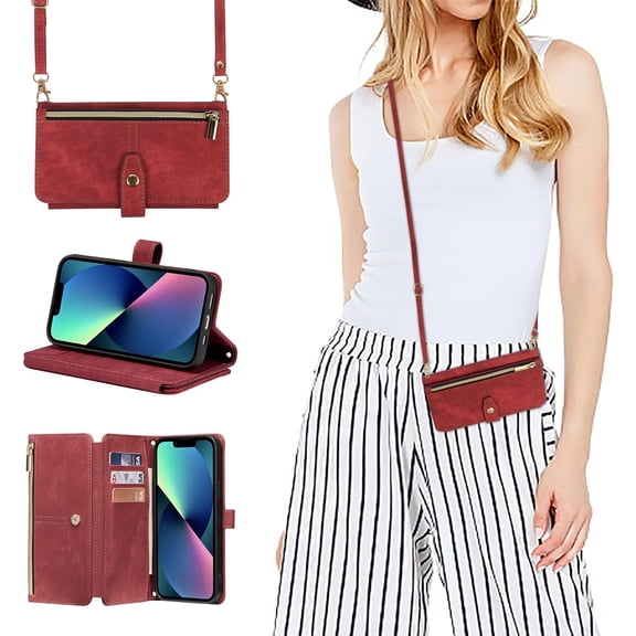 for iPhone 15 Plus Crossbody Wallet Case with Card Holder, Premium Zipper Leather Long Shoulder Lanyard Strap Flip Cover for iPhone 15 Plus 6.7 inch - Red