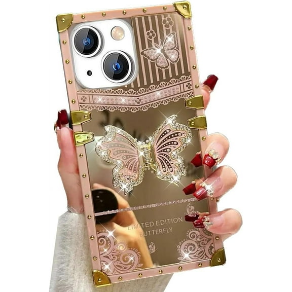for iPhone 15 Plus Cute Case, Glitter Foldable Bling Butterfly Kickstand Soft Cover Mirror Back Golden Plated Shockproof Protective Elegant Woman Gilry Phone Cover for iPhone 15 Plus (Pink)