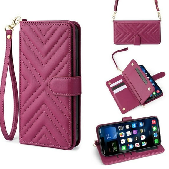 For iPhone 15 Plus Diamond Pattern PU Leather Wallet Case Magnetic Flip Cover Multi-Card Slots Pocket Kickstand With Detachable Shoulder Strap And Wrist Strap,Wine red,For iPhone 15 Plus