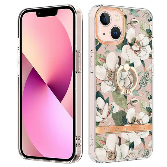 For iPhone 15 Plus Floral Case with Ring Holder Kickstand - Slim and Lightweight, Military-Grade Shockproof Protection, Women & Girls' Style Case Designed for iPhone 15 Plus, White Flower