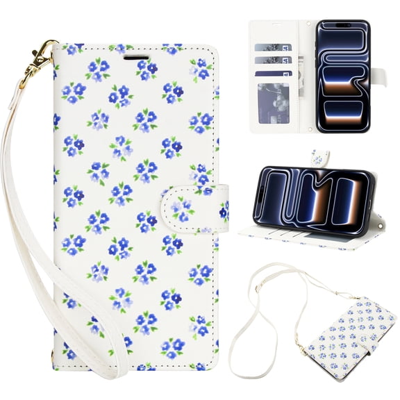 For iPhone 15 Plus Floral Crossbody Wallet Case, Premium PU Leather Flip Kickstand Folio Cover with 4 Card Slots Cash Pocket Shoulder Strap Wristlet Cute Flower for Travel,Blue