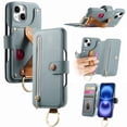 thumbnail image 1 of for iPhone 15 Plus Folio Flip Wallet Case, PU Leather Zipper Pocket Card Slots RFID Blocking Wristband Bracket, with Diamond Finger Ring Full Body Protection for iPhone 15 Plus - Blue, 1 of 10
