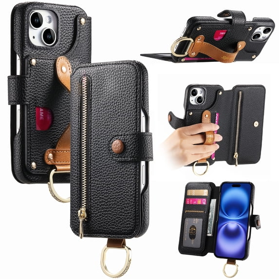 for iPhone 15 Plus Folio Flip Wallet Case, PU Leather Zipper Pocket Card Slots RFID Blocking Wristband Bracket, with Diamond Finger Ring Full Body Protection for iPhone 15 Plus - Black