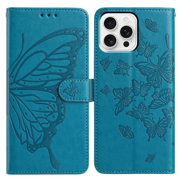 For iPhone 15 Plus Folio Wallet Case with Wrist Strap, Embossed Butterfly Pattern, Lightweight Protective PU Leather Phone Case with Credit Card/Cash Slots, Magnetic Closure, Blue