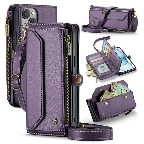 for iPhone 15 Plus Full Body Protection Wallet Folio Flip Case, Shoulder Strap & Wristlet Card Slots Zipper Pocket RFID Blocking Rugged Durable PU Leather Phone Case Cover, Purple