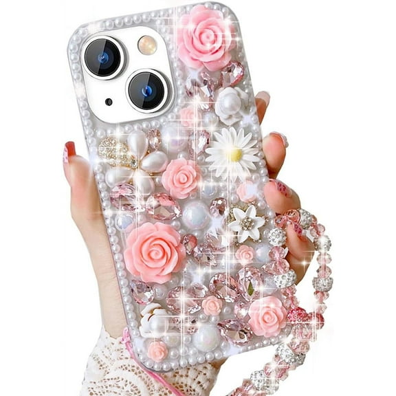 for iPhone 15 Plus Glitter Bling Case, Cute Luxury 3D Crystal Rhinestone Diamond Sparkle Shiny Gems Flower Pearl with Lanyard Wrist Strap Women Girls Case for iPhone 15 Plus 6.7 inch (Pink)