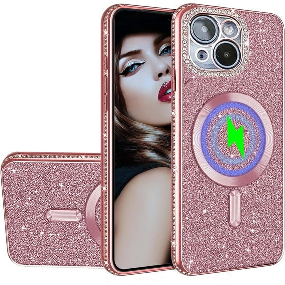for iPhone 15 Plus Glitter Case with Camera Lens Protector, Slim TPU Clear Magnetic Case with Magsafe Shiny Rhinestone Bling Sparkly Diamond Cover for iPhone 15 Plus CZ Rose Gold