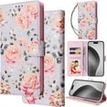 thumbnail image 1 of for iPhone 15 Plus Leather Phone Case Wallet Gilding Bronzing Rose Flower Butterfly Folio Flip Cover Kickstand, RFID Blocking Card Holder Cash Slot, Magnetic Clasp, Wrist Strap, 1 of 8