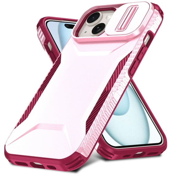 for iPhone 15 Plus, Luxury Sliding Camera Cover Soft TPU + Hard PC Shockproof Drop Protective Hybrid Stylish Ultra Slim Frosted Anti-slip Grip Phone Case for iPhone 15 Plus, Pink