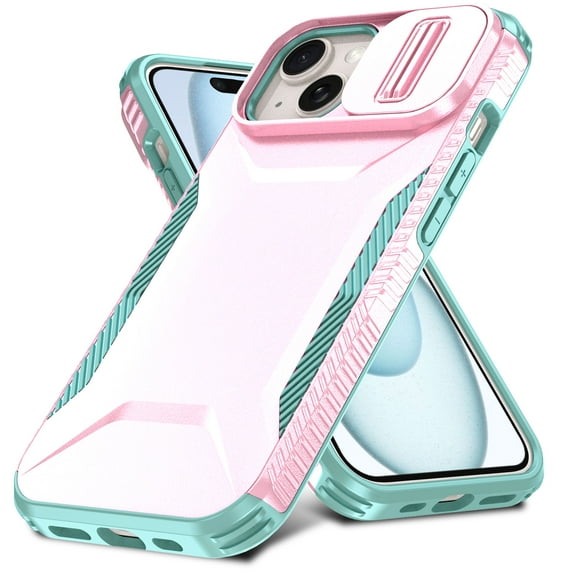 for iPhone 15 Plus, Luxury Sliding Camera Cover Soft TPU + Hard PC Shockproof Drop Protective Hybrid Stylish Ultra Slim Frosted Anti-slip Grip Phone Case for iPhone 15 Plus, Rosegold