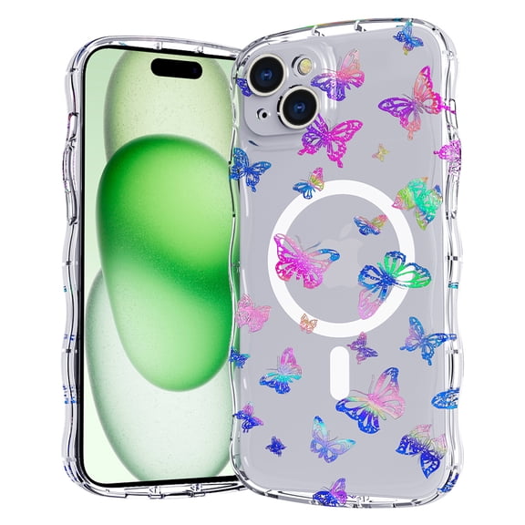 for iPhone 15 Plus Magnetic Case Compatible with Mag-Safe, Aesthetic Floral Butterfly Pattern Wave Edge Case for Girls Women, Shockproof Protective Hard Phone Cover for iPhone 15 Plus, Butterfly