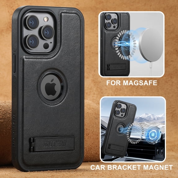for iPhone 15 Plus Magnetic Case, Compatible with MagSafe, Built-in Kickstand, Support Car Mount, Slim Premium PU Leather Retro Wireless Charging Phone Case for iPhone 15 Plus, Black