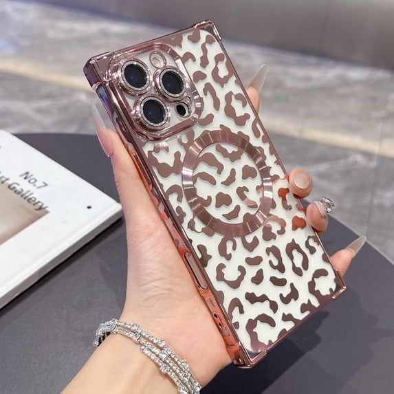 for iPhone 15 Plus Magnetic Case, Luxury Leopard Print Pattern Plating Phone Case with Glitter Bling Lens Circle, Support Wireless Charging, Clear Shockproof Back Cover for Women Girls, Pink