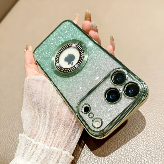 for iPhone 15 Plus Magnetic Glitter Case, Compatible with Mag-Safe, Camera Lens Protector, Plating Edge Gradient Shining Paper Clear Protection Dust-Proof Net Cover for iPhone 15 Plus, Green