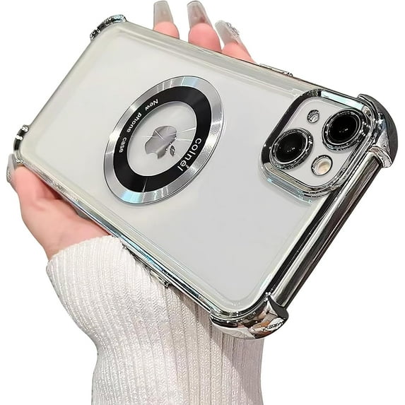 for iPhone 15 Plus Magnetic Transparent Case,Luxury Bling Four Corners Shockproof Military-Grade Protection with Camera Lens Protector MagSafe Clear Plating Cover for Women Men-Silver