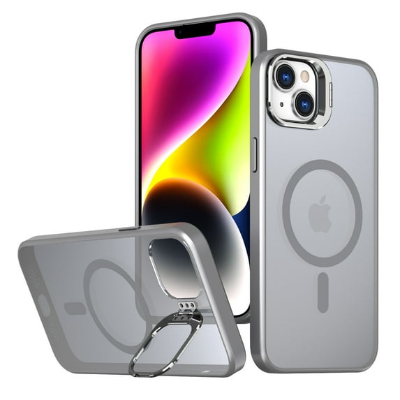 for iPhone 15 Plus Matte Ultra Slim Protective Case with Camera Cover Kickstand, Translucent MagSafe Compatible Translucent Wireless Charging Phone Case for iPhone 15 Plus, Gray