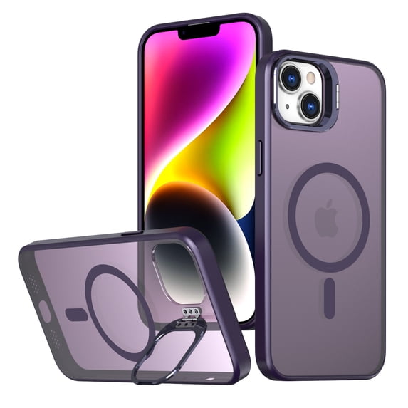 for iPhone 15 Plus Matte Ultra Slim Protective Case with Camera Cover Kickstand, Translucent MagSafe Compatible Translucent Wireless Charging Phone Case for iPhone 15 Plus, Purple