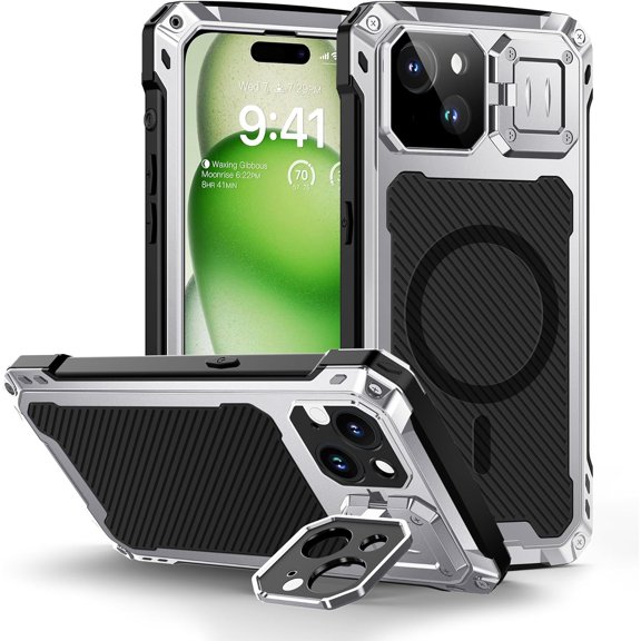 for iPhone 15 Plus Metal Case, [Built-in Camera Kickstand & Glass Screen Protector] Heavy Duty Full Body Military Rugged Shockproof Magnetic Aluminum Alloy Cover for 15 Plus 6.7" (Silver)
