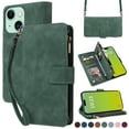 thumbnail image 1 of for iPhone 15 Plus Multifunctional Case Wallet with Card Slots, Premium Soft PU Leather Zipper Folio Flip with Crossbody Strap Kickstand Zipper Phone Cover for iPhone 15 Plus, Green, 1 of 6