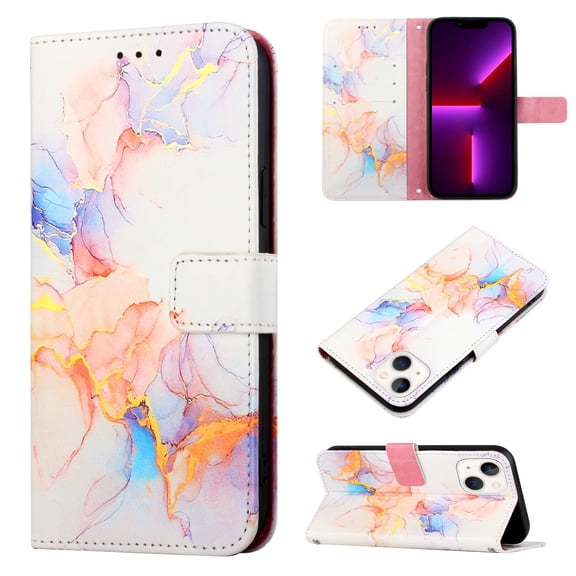 for iPhone 15 Plus PU Leather Wallet case, Marble Pattern Credit Card Holder,Flip Folio Book Kickstand Cover Women Men with Long + Short Strap for iPhone 15 Plus 6.7 inch 2023, White Marble