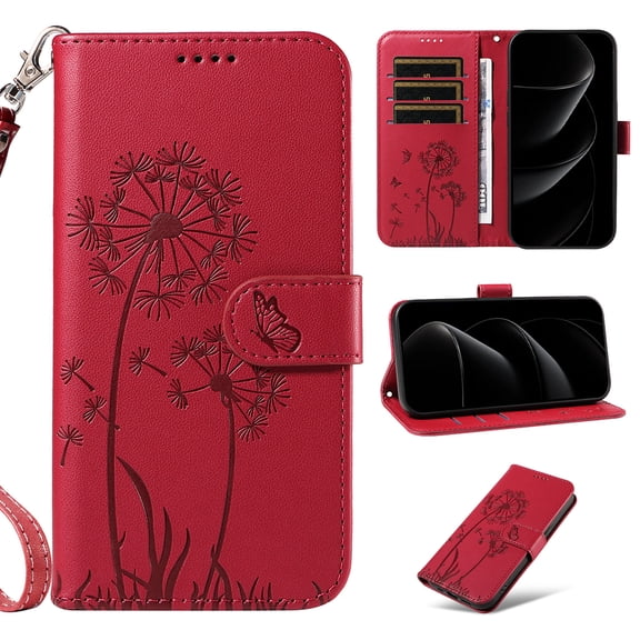 for iPhone 15 Plus Pattern Wallet Flip Case, Premium PU Leather Card Slots Full Body Protection Wrist Strap Kickstand Non-Slip Shockproof Magnetic Phone Case for iPhone 15 Plus, Red