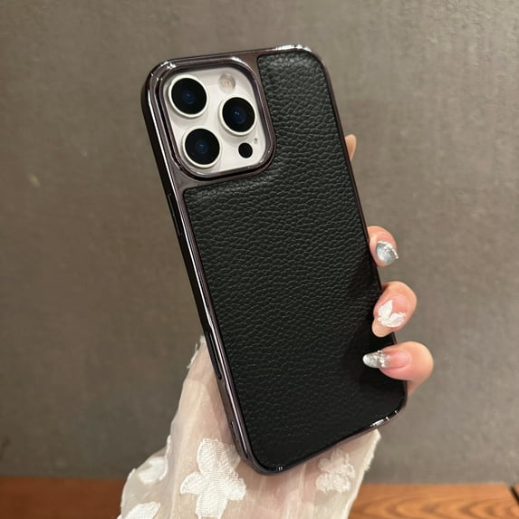 For iPhone 15 Plus Phone Case,Anti-Scratch Lychee Pattern PU Leather Back,Ultra Slim Shockproof Anti-fall Protection,Electroplated Frame,Non-Slip Rugged Durable Phone Case,Black