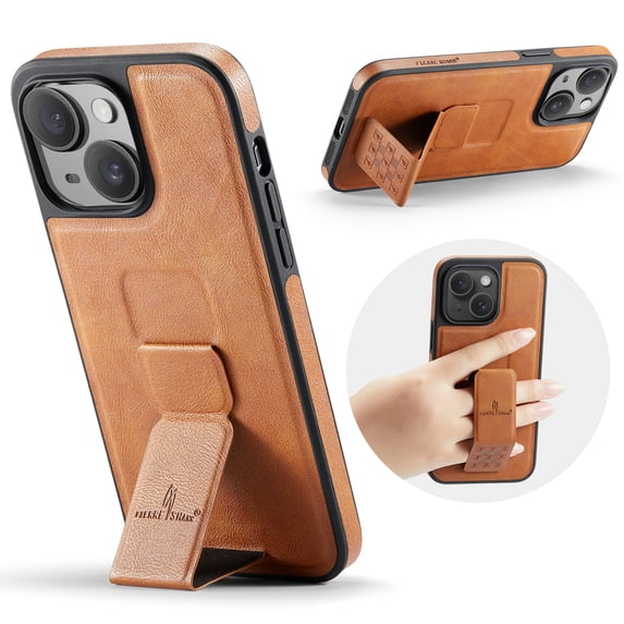for iPhone 15 Plus Phone Case, Vintage Magnetic Finger Hand Wrist Strap Kickstand Shockproof Protective PU Leather Thin Fit Anti-Scratch Cover Compatible with iPhone 15 Plus, Brown